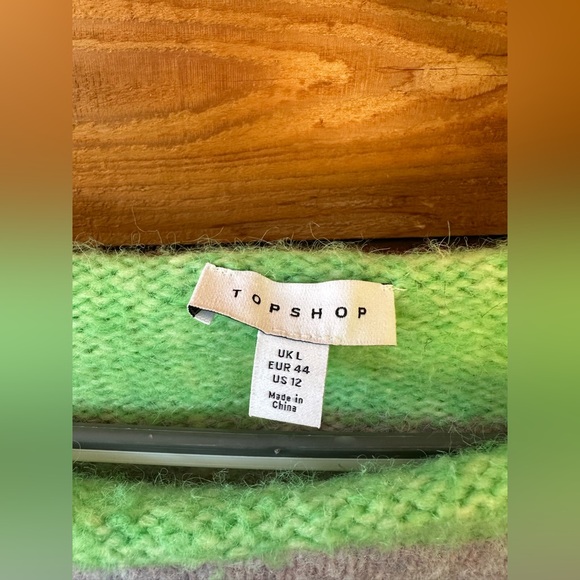 Topshop Cast Off the Shoulder Grey + Green Striped Oversize Crop Sweater, Size L - Picture 5 of 6